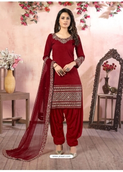 Tomato Red Designer Party Wear Art Silk Punjabi Patiala Suit
