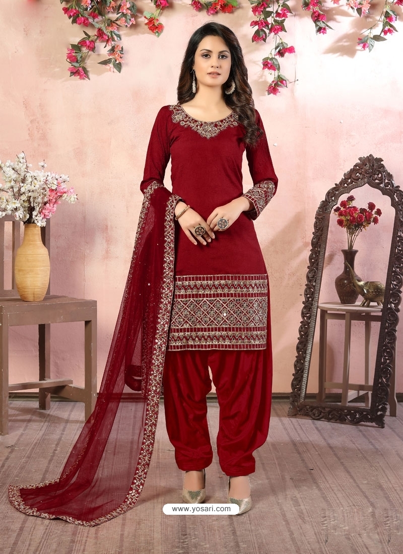 Tomato Red Designer Party Wear Art Silk Punjabi Patiala Suit