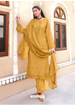 Mustard Designer Viscose Muslin Embroidered Palazzo Salwar Suit