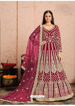 Rose Red Designer Wedding Wear Net Anarkali Suit