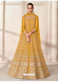 Yellow Designer Wedding Wear Butterfly Net Anarkali Suit