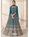 Teal Blue Designer Wedding Wear Butterfly Net Anarkali Suit