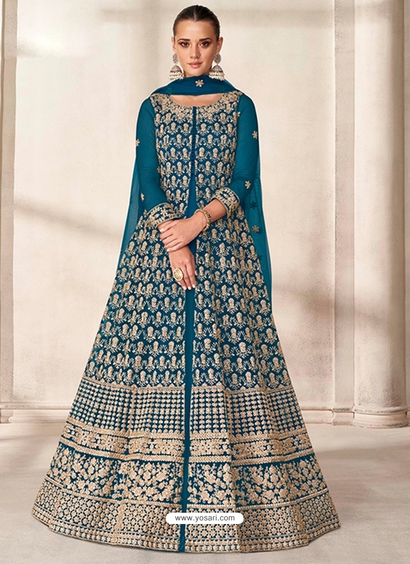Teal Blue Designer Wedding Wear Butterfly Net Anarkali Suit