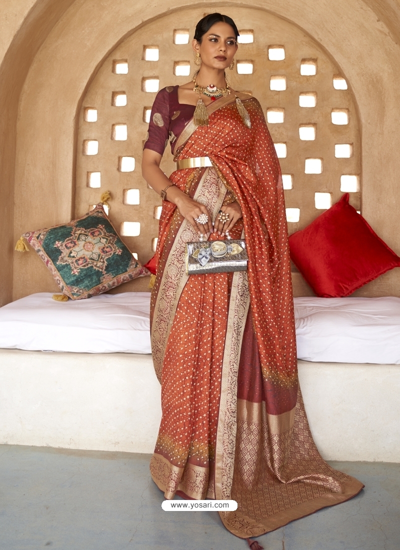 Rust Designer Wedding Wear PV Silk Sari