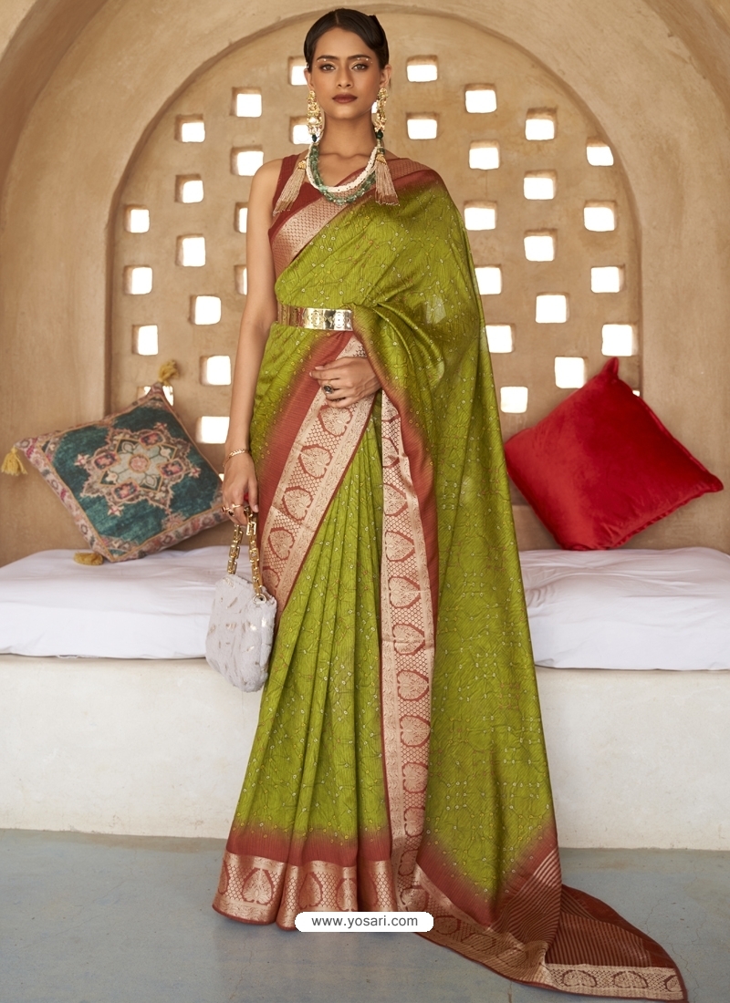 Parrot Green Designer Wedding Wear PV Silk Sari
