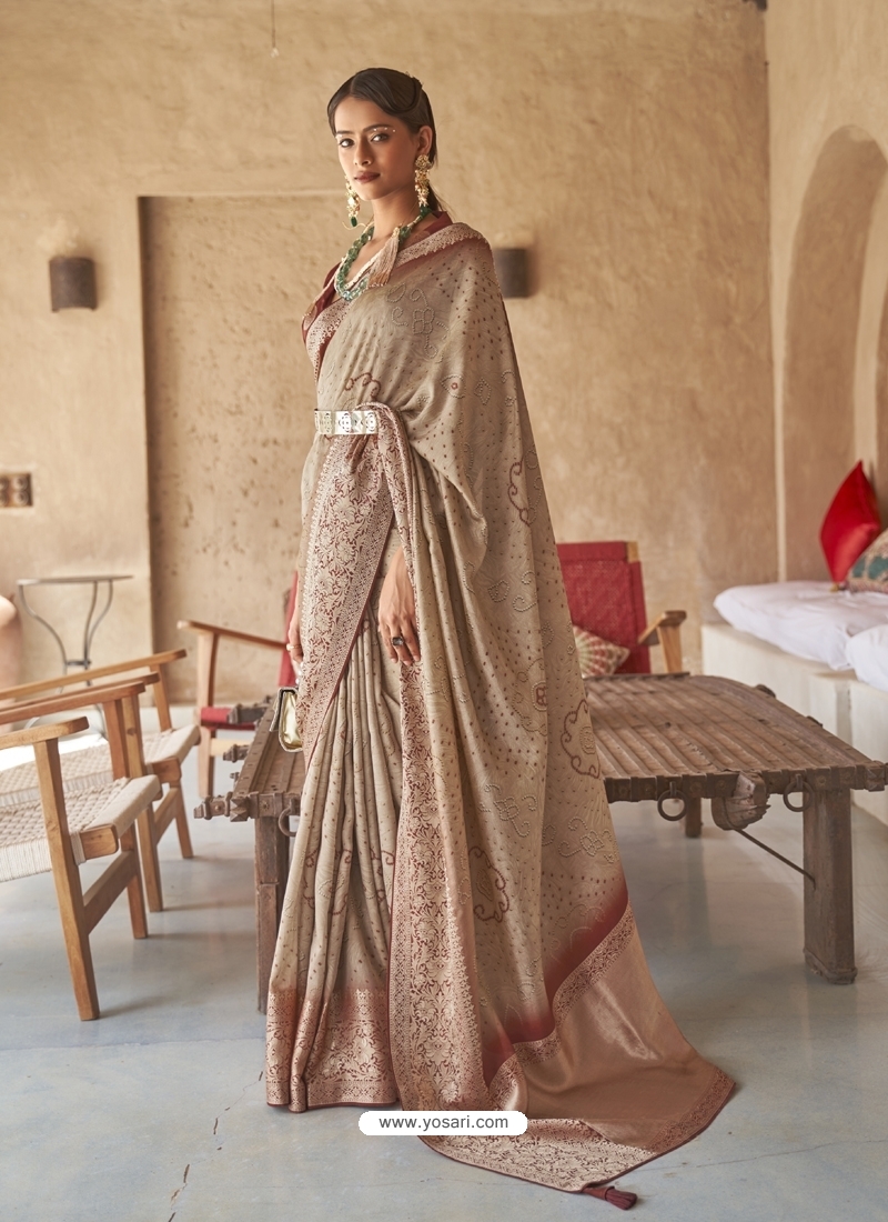 Beige Designer Wedding Wear PV Silk Sari