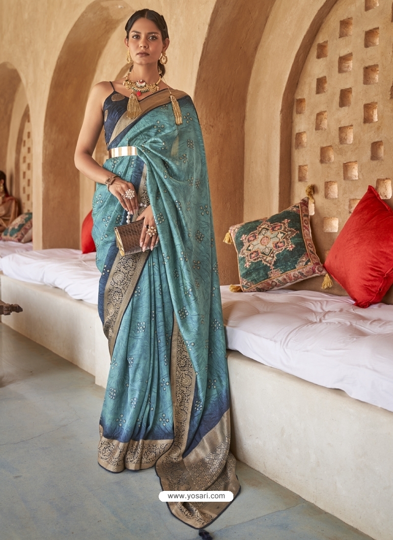 Blue Designer Wedding Wear PV Silk Sari