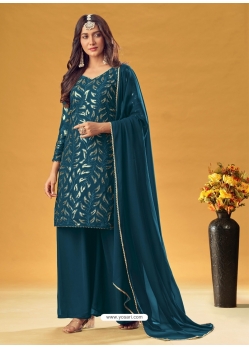 Teal Blue Designer Faux Georgette Sequence Embroidered Palazzo Salwar Suit