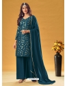 Teal Blue Designer Faux Georgette Sequence Embroidered Palazzo Salwar Suit