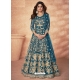 Teal Blue Designer Wedding Wear Diamond Net Anarkali Suit