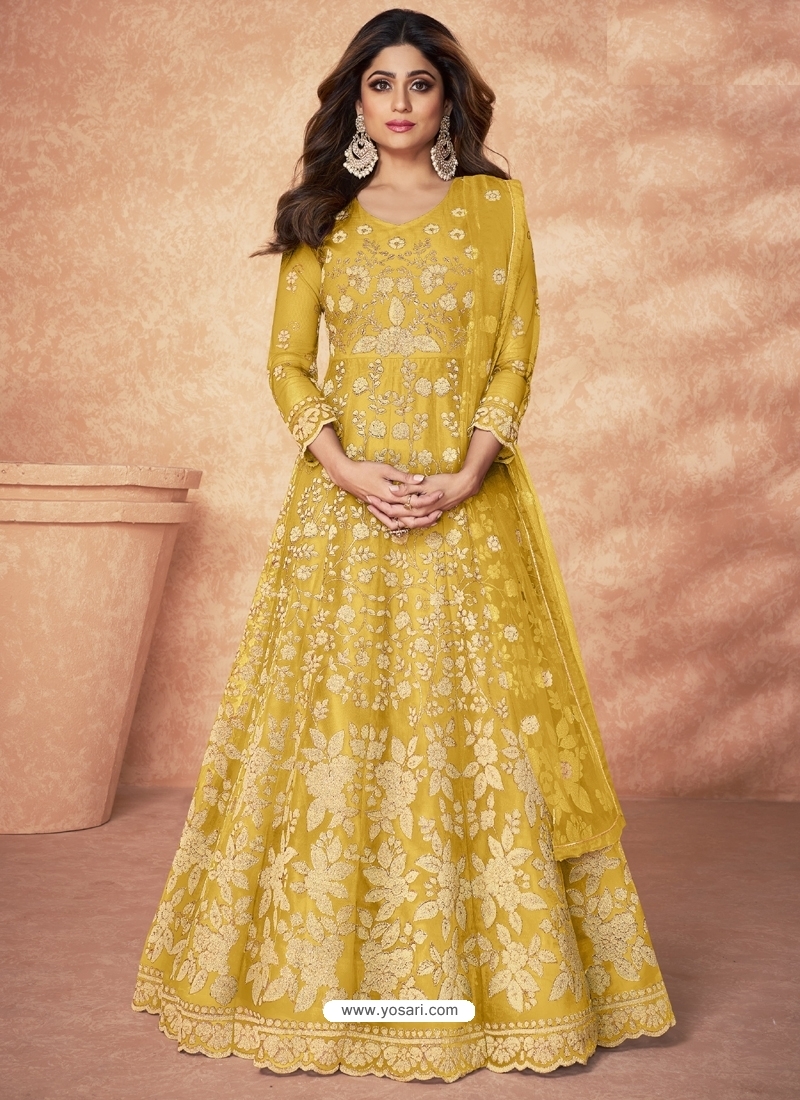 Yellow Designer Wedding Wear Diamond Net Anarkali Suit