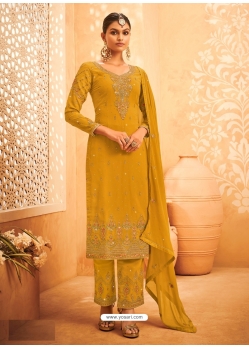 Yellow Designer Faux Georgette Embroidered Palazzo Salwar Suit