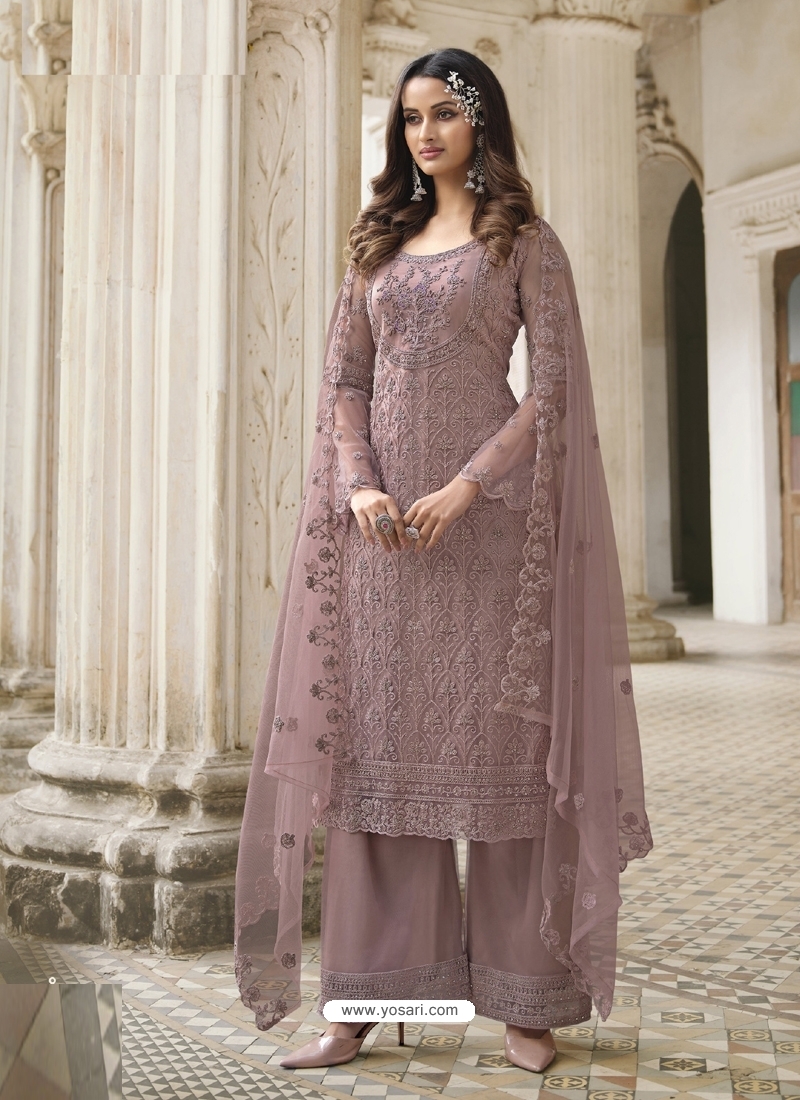 Dusty Pink Designer Butterfly Net Embroidered Palazzo Salwar Suit