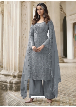 Grey Designer Butterfly Net Embroidered Palazzo Salwar Suit