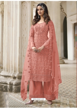Peach Designer Butterfly Net Embroidered Palazzo Salwar Suit
