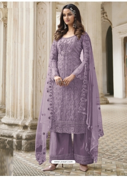 Lavender Designer Butterfly Net Embroidered Palazzo Salwar Suit