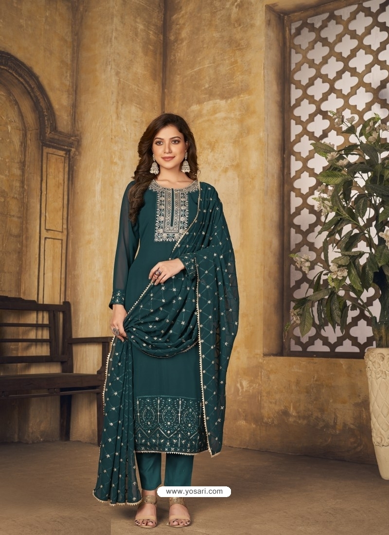 Teal Designer Faux Georgette Embroidered Palazzo Salwar Suit