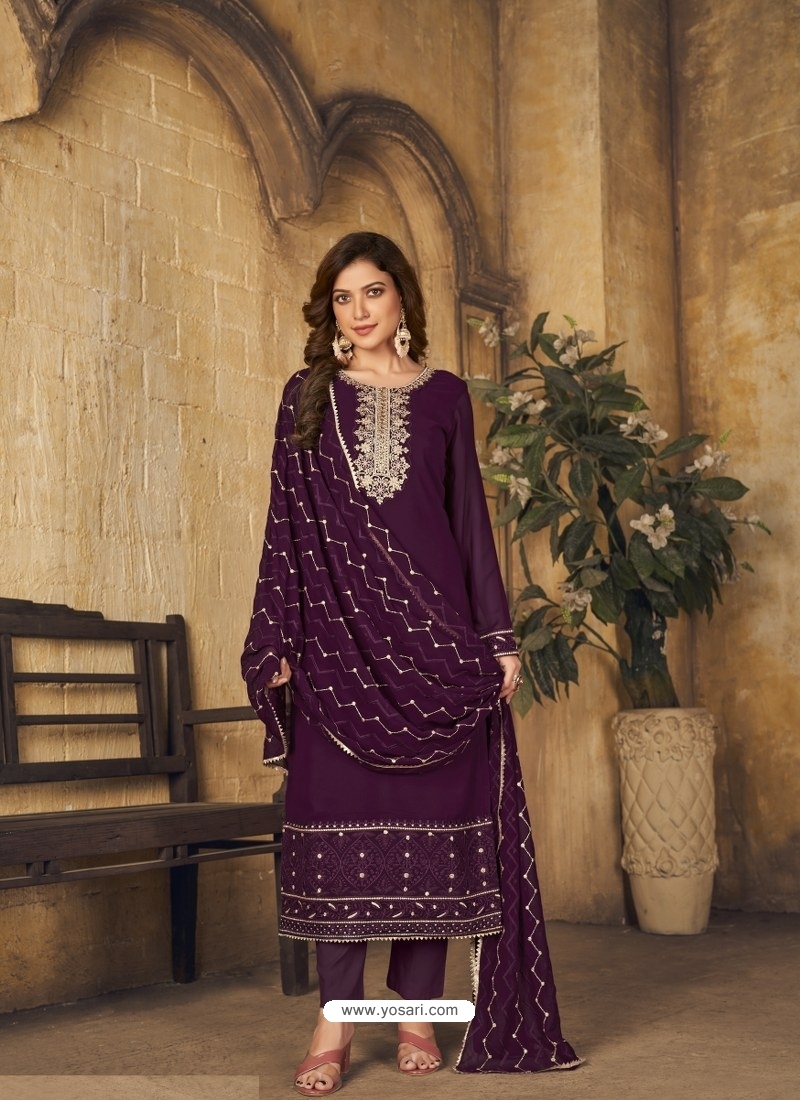 Purple Designer Faux Georgette Embroidered Palazzo Salwar Suit