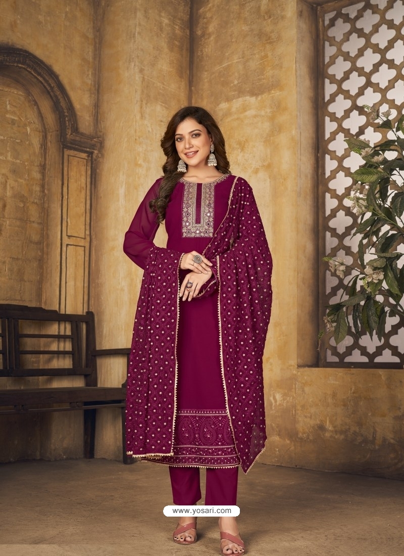Rose Red Designer Faux Georgette Embroidered Palazzo Salwar Suit