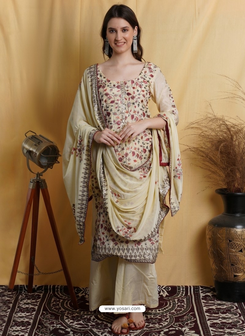 Light Yellow Designer Embroidered Floral Palazzo Salwar Suit
