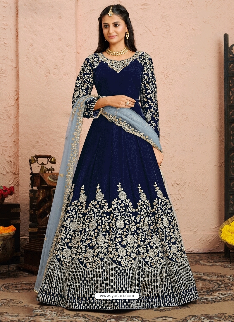 Navy Blue Designer Party Wear Velvet Anarkali Suit