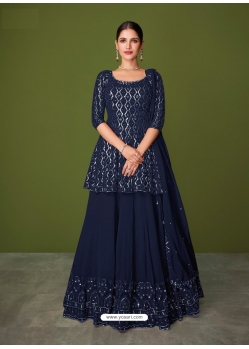 Navy Blue Designer Faux Georgette Embroidered Palazzo Salwar Suit