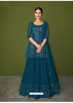 Teal Blue Designer Faux Georgette Embroidered Palazzo Salwar Suit
