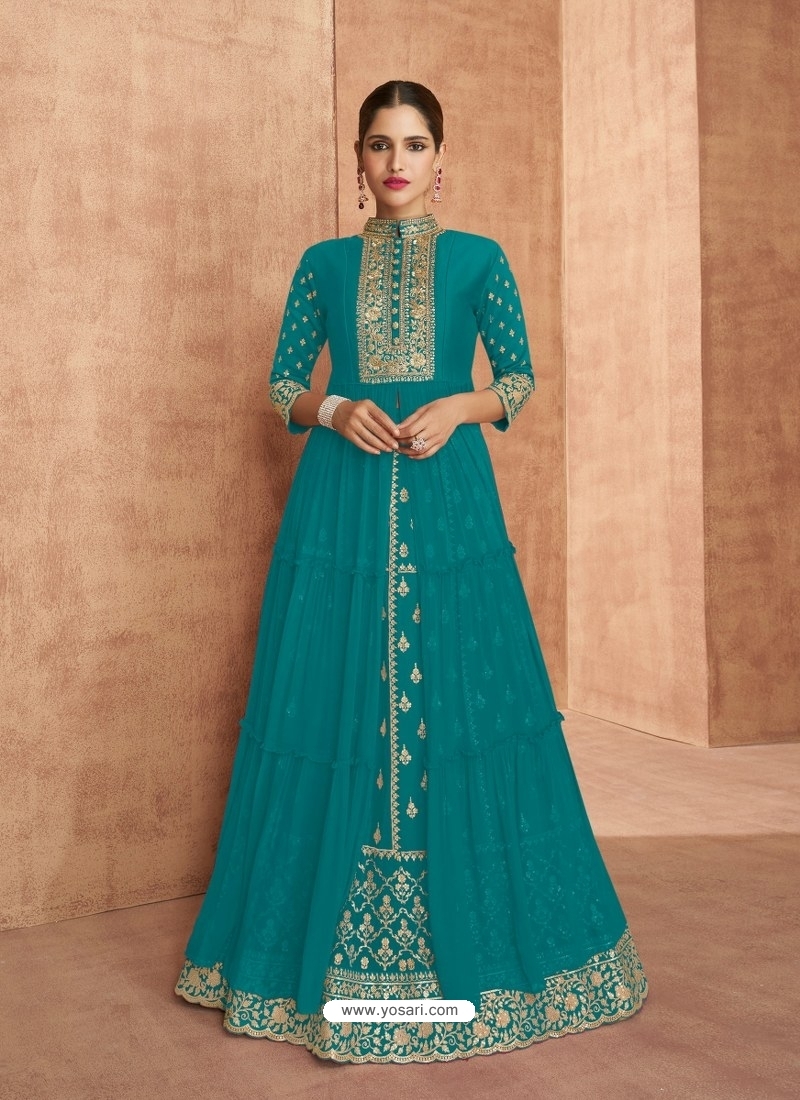 Turquoise Designer Party Wear Faux Georgette Anarkali Suit