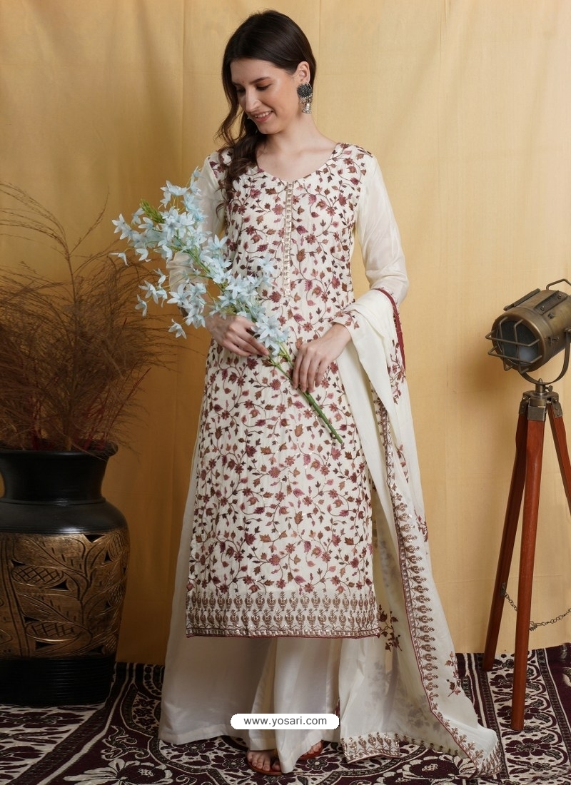 Off White Designer Embroidered Floral Palazzo Salwar Suit