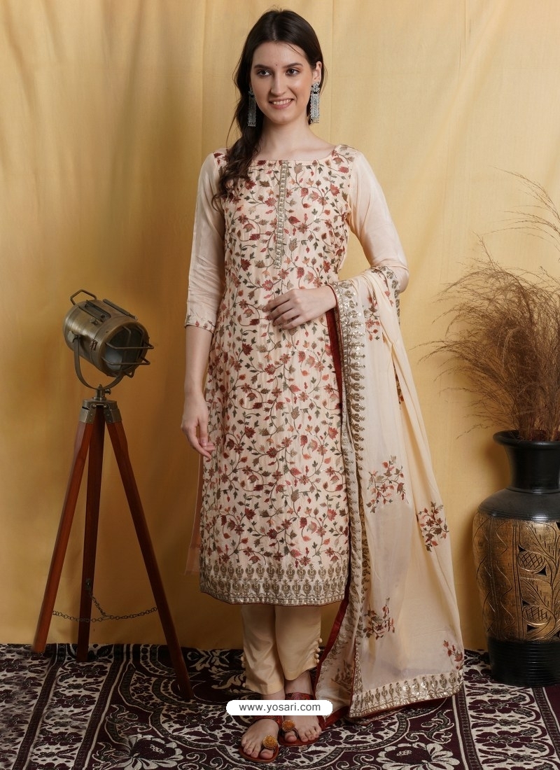 Cream Designer Embroidered Floral Palazzo Salwar Suit