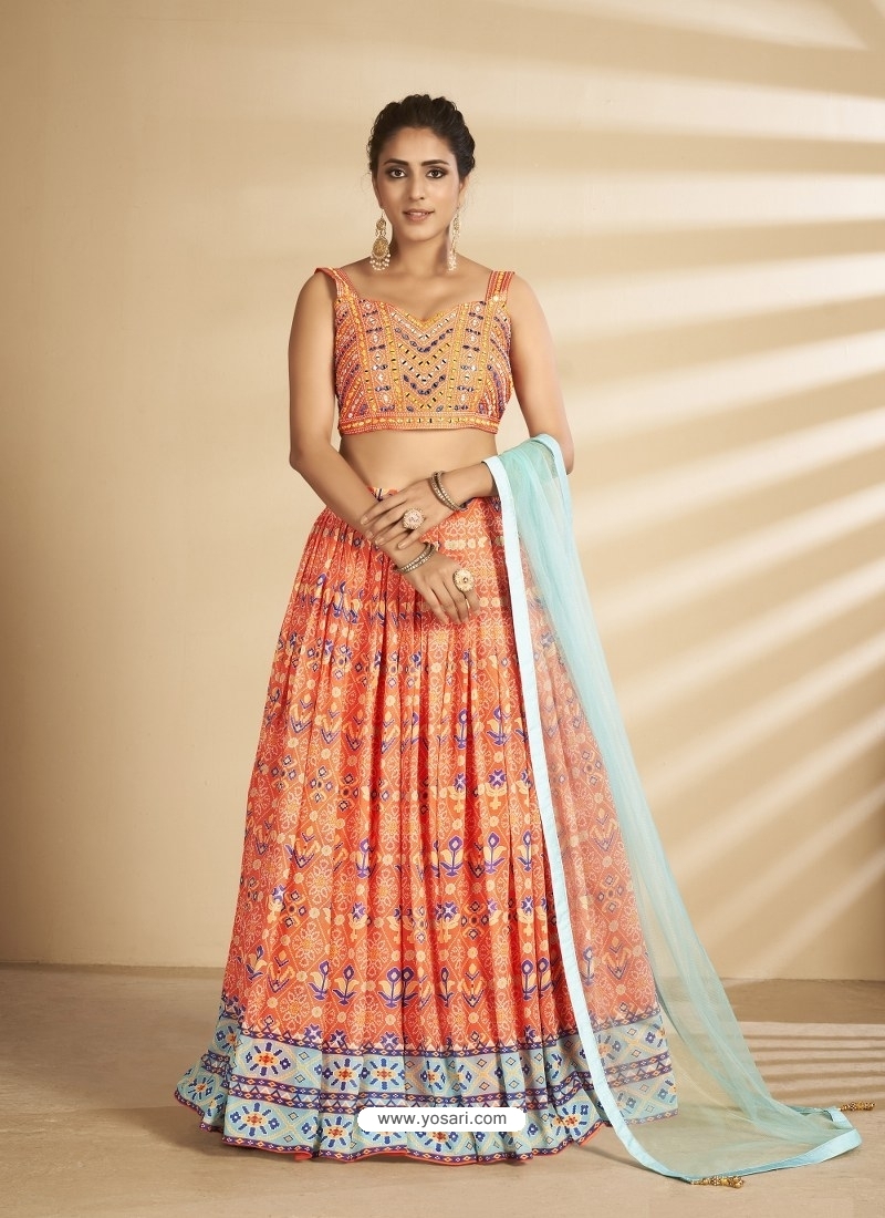 Orange Readymade Designer Art Silk Wedding Wear Lehenga Choli