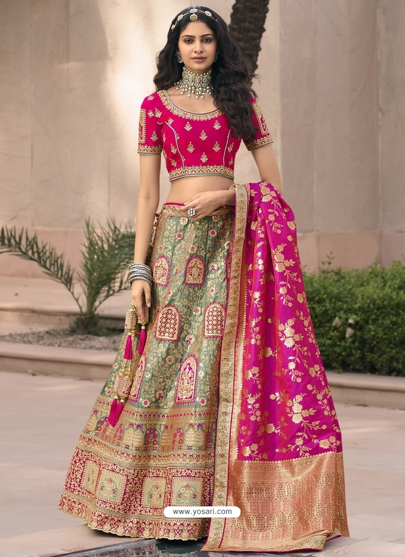 Olive Green Color Chiffon Thread Work Lehenga