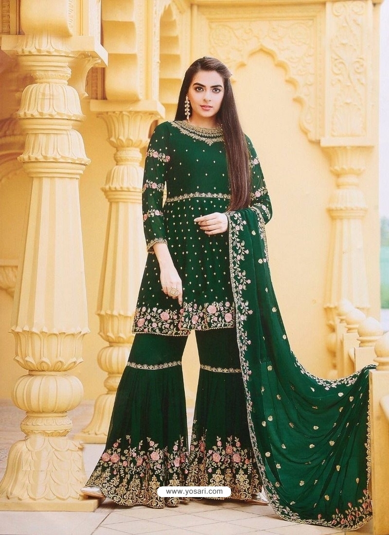 Your Choice Zaraa Heavy Faux Georgette With Embroidery Sharara Suit Green  Color DN 3998