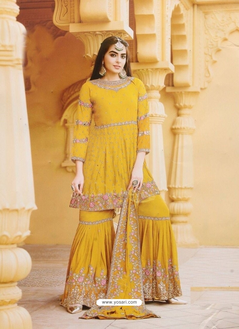 Pure Viscose Silk Party Wear Suit In Yellow Color With Hand Work - Party  Wear Salwar Suit - Suits & Sharara