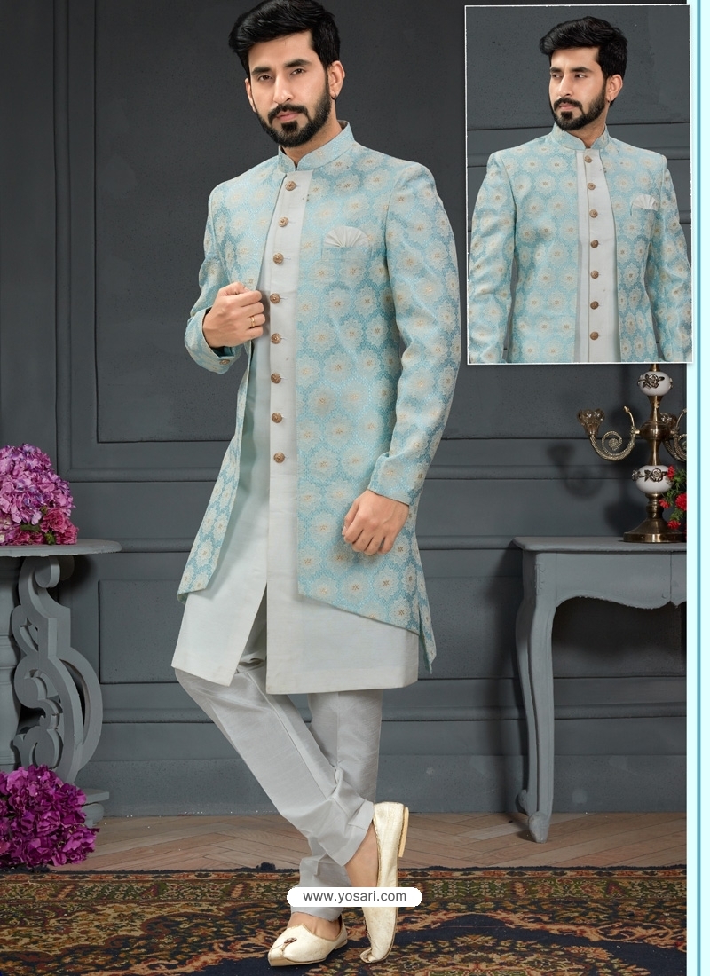 Buy Light Grey Premium Men's Designer Italian Indo Western Sherwani ...