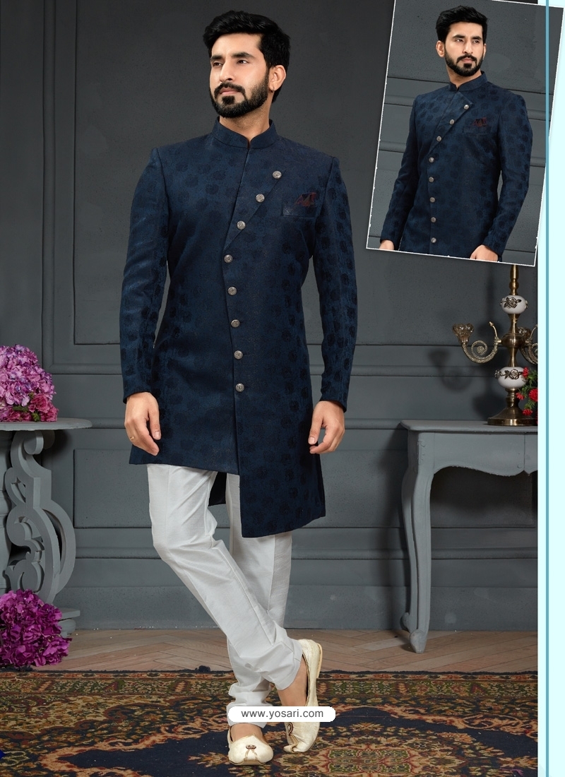 Buy Navy Blue Premium Men's Designer Italian Indo Western Sherwani ...