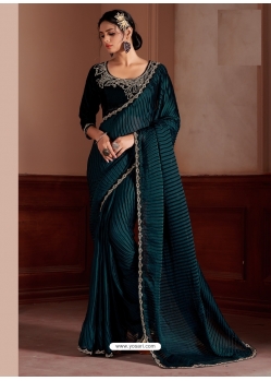 Teal Blue Designer Satin Silk Wedding Wear Sari