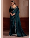 Teal Blue Designer Satin Silk Wedding Wear Sari