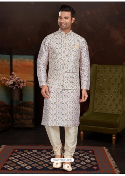 White Exclusive Readymade Malai Silk Kurta Pajama With Jacket