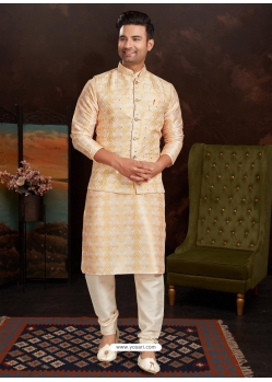 Light Yellow Exclusive Readymade Malai Silk Kurta Pajama With Jacket