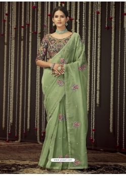 Pista Green Designer Wedding Wear Sari