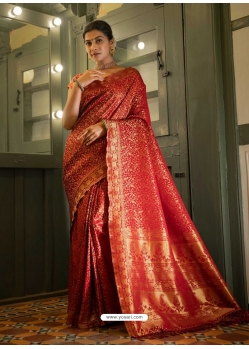 Tomato Red Designer Art Silk Wedding Wear Sari