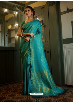 Turquoise Designer Art Silk Wedding Wear Sari