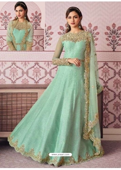 Sea Green Designer Wedding Wear Russian Silk Anarkali Suit