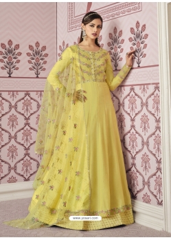 Light Yellow Designer Wedding Wear Russian Silk Anarkali Suit