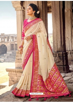 Off White Designer Silk Wedding Wear Sari