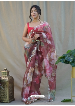 Maroon Designer Organza Wedding Wear Sari