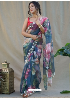 Teal Blue Designer Organza Wedding Wear Sari