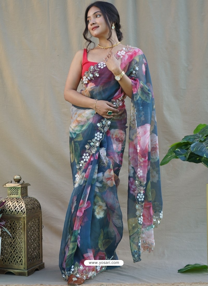 Teal Blue Designer Organza Wedding Wear Sari