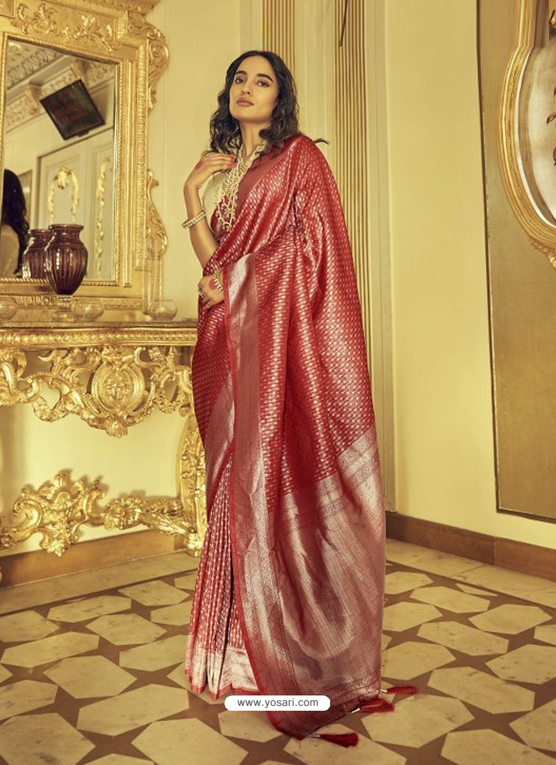 Tomato Red Designer Soft Kanjivaram Wedding Wear Sari